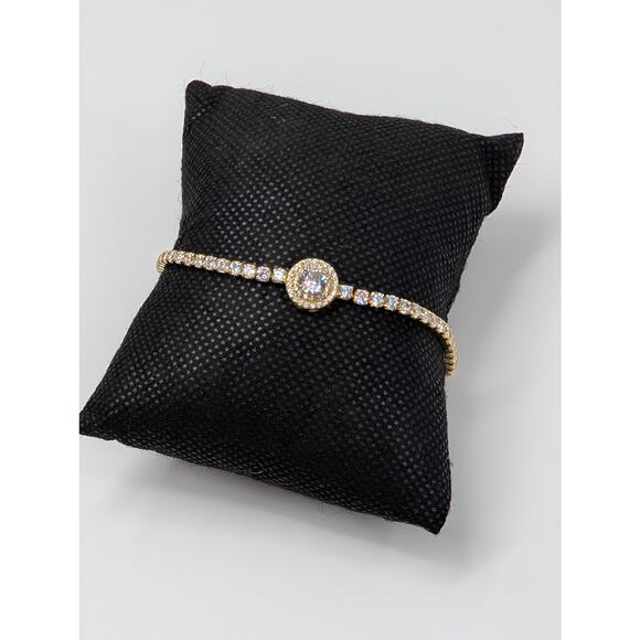 Lariat Bracelet 925 CZ Clear Rhinestones Gold Tone Bolo Tennis Style Minimalist - Picture 1 of 12